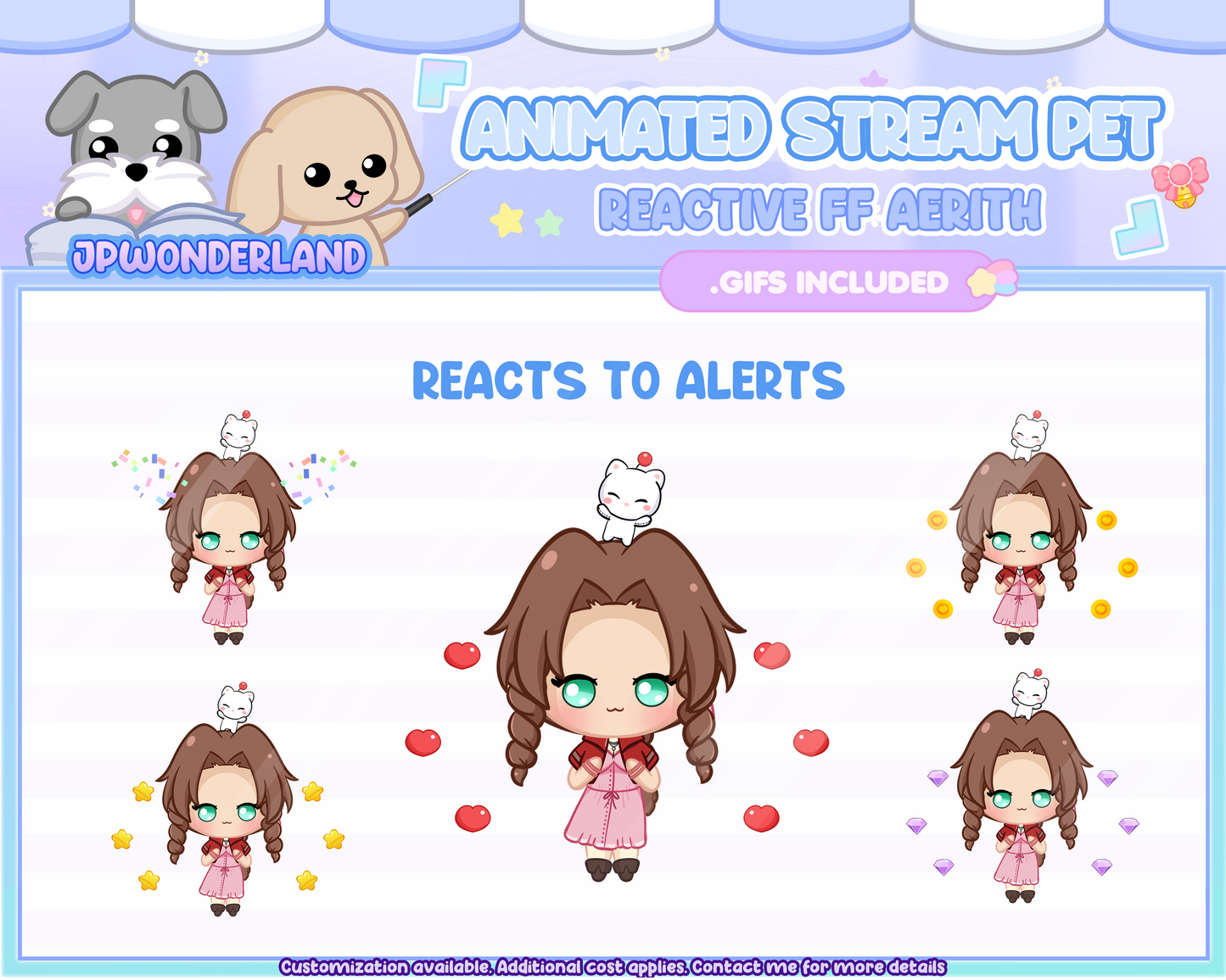 Animated Chibi Aerith Stream Pet with 12 animations, reacts to commands and alerts | Digital assets | Stream Deco | Twitch Pets animation