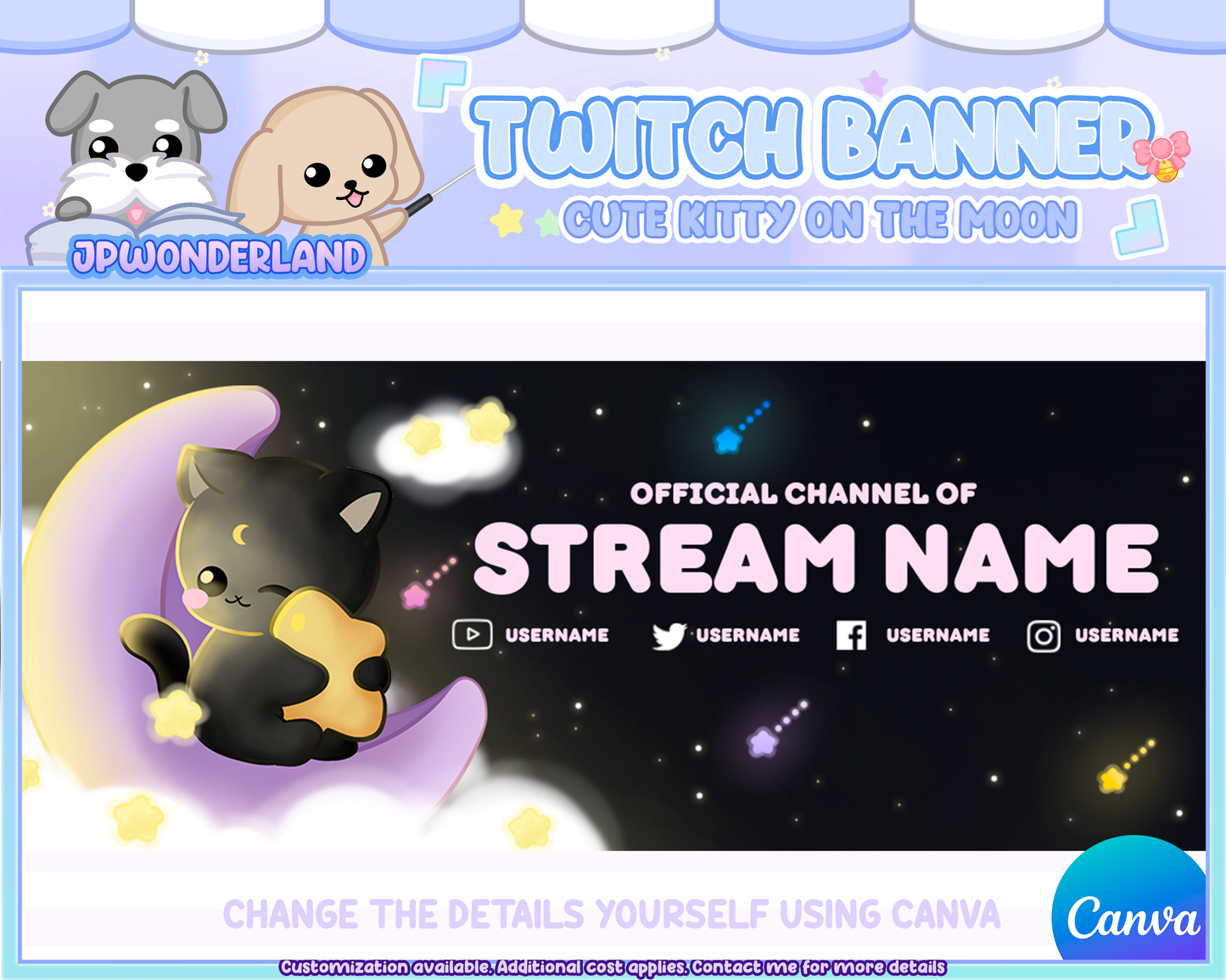 Custom Twitch Banner - Cute Black Cat on the moon Twitch Banner - Kawaii Kitty - Personalised twitch banner