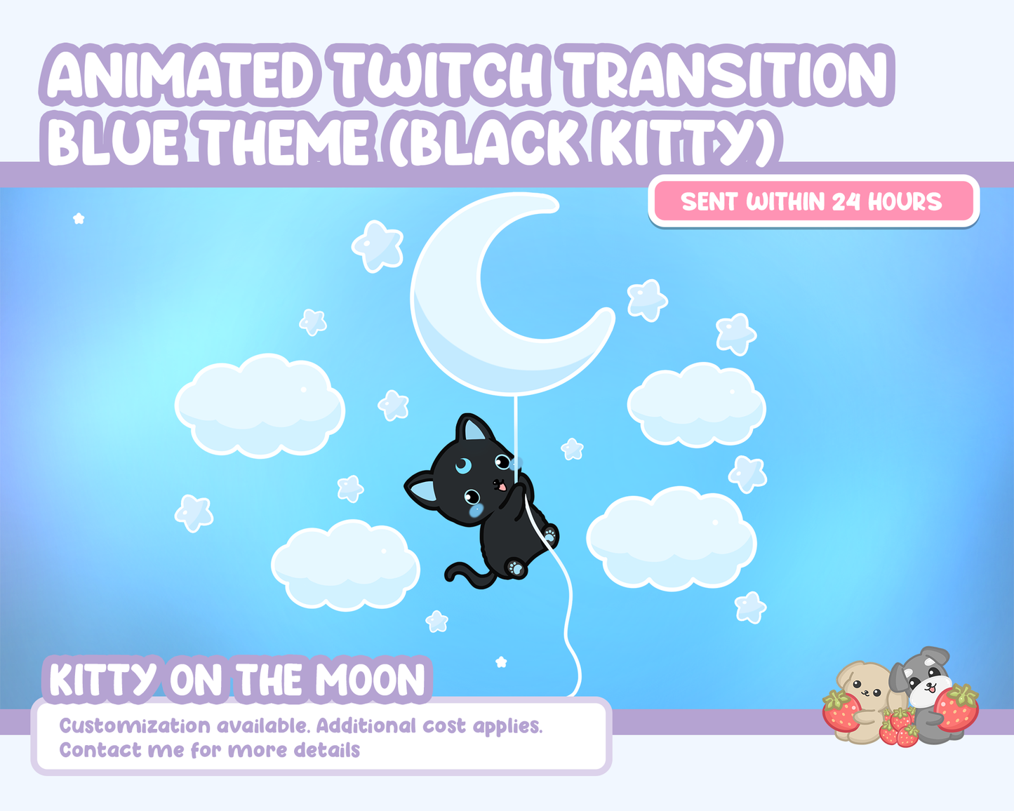 Animated Twitch Transition - Blue Theme ( Black & White Kitty on the moon )