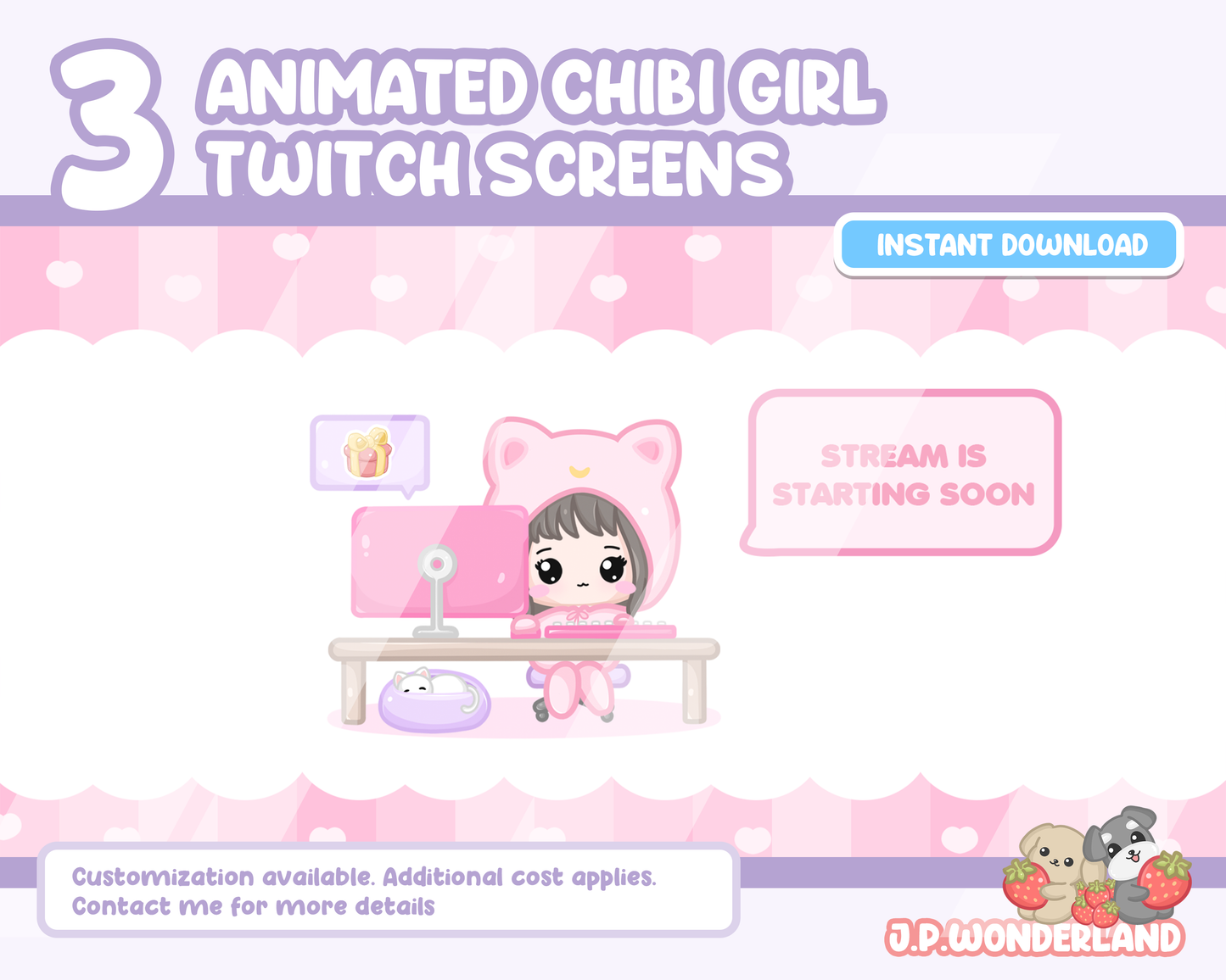 Animated Chibi Girl Twitch Screens -  Starting Soon, Be Right Back, Ending Screen