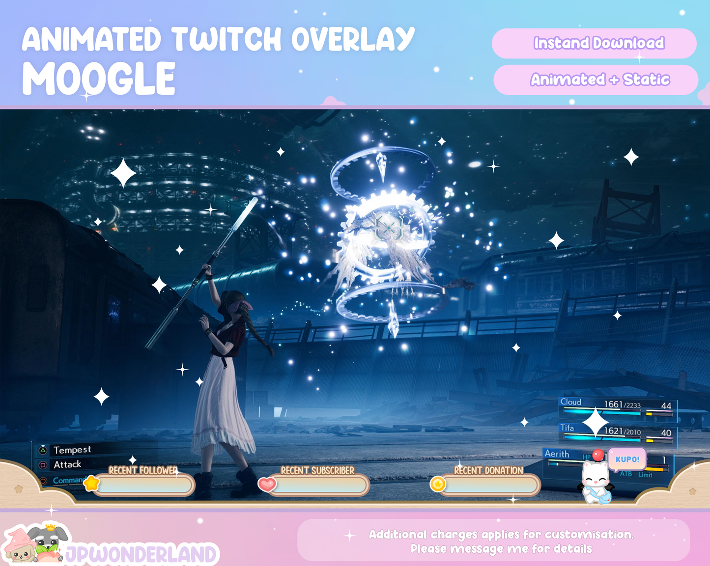 Animated Final Fantasy Moogle Twitch Overlay / Stream label bar. Compatible with streamlabs / obs studio / stream elements