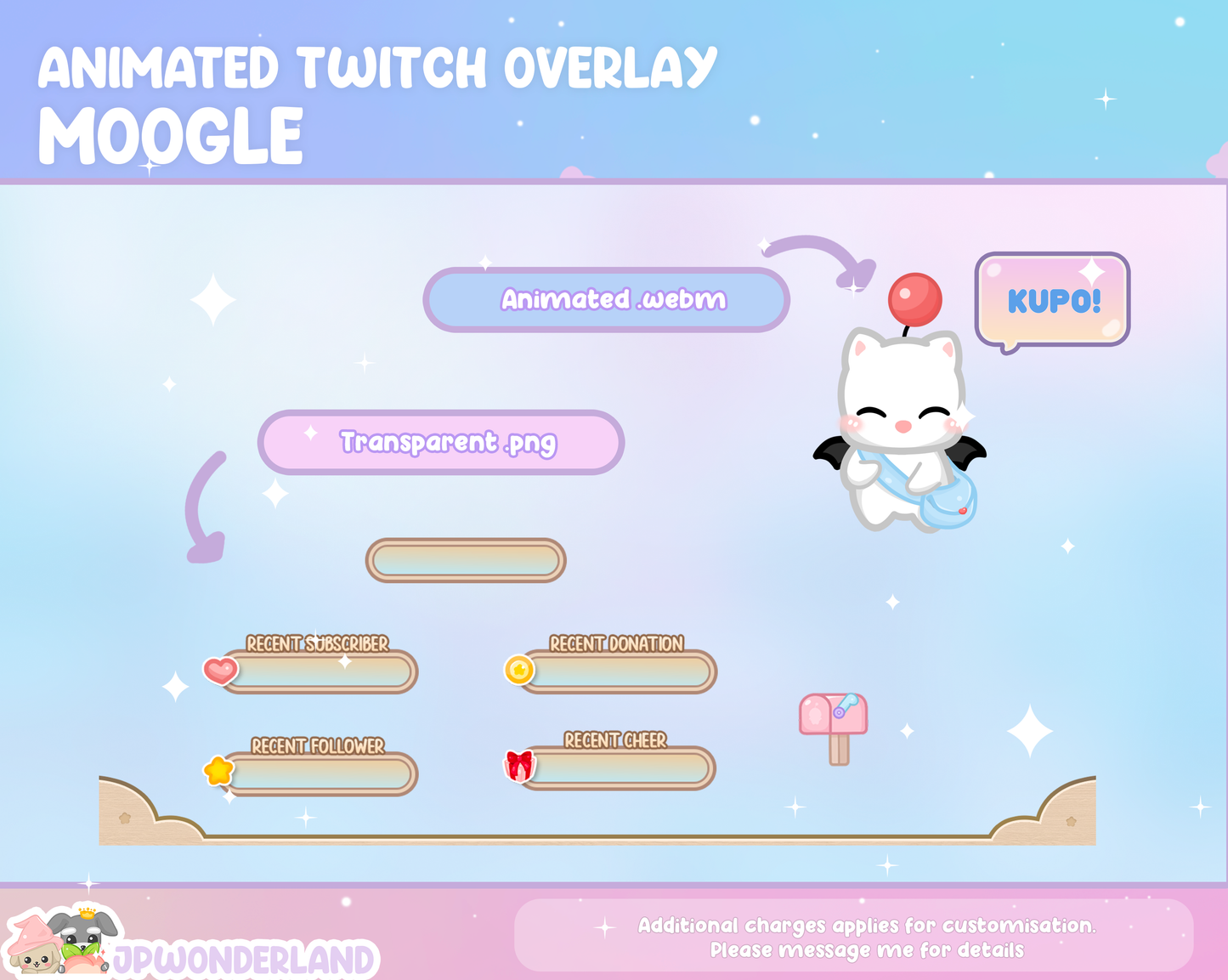 Animated Final Fantasy Moogle Twitch Overlay / Stream label bar. Compatible with streamlabs / obs studio / stream elements