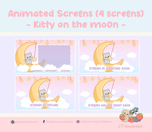 Animated Twitch Overlay -  Chat, Offline, Starting Soon & BRB Screen - Kitty on the moon Series