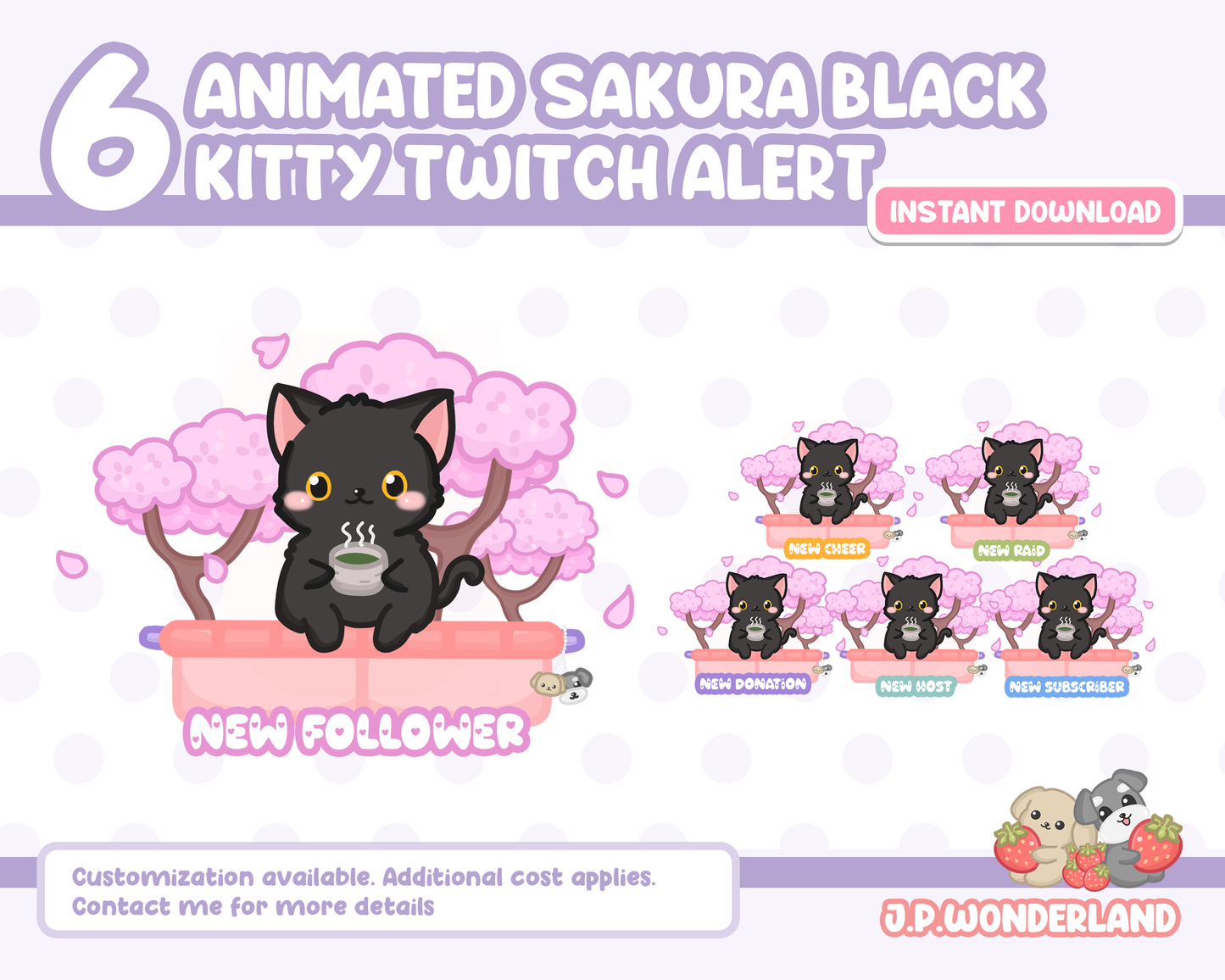 Cute Animated Twitch Alerts - Sakura Kitty (Total 6)