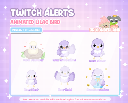 Unique Animated Lilac Bird Twitch Alerts Bundle
