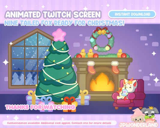Animated Nine Tailed Fox ready for Christmas Twitch Screens -  Starting Soon, Be Right Back, Ending Screens