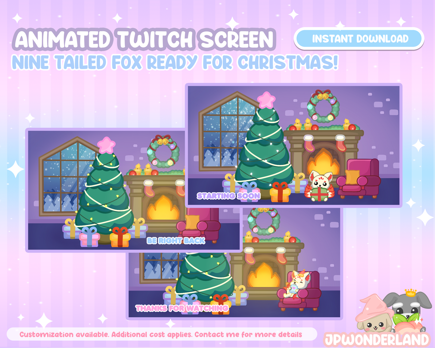 Animated Nine Tailed Fox ready for Christmas Twitch Screens -  Starting Soon, Be Right Back, Ending Screens