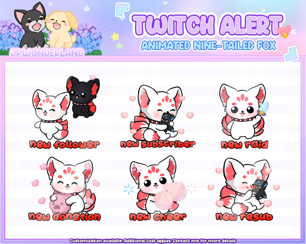 Unique Animated Cute Nine Tailed Fox Twitch Alerts Bundle (Red) 2 / Kumiho Twitch Alert / Gumiho