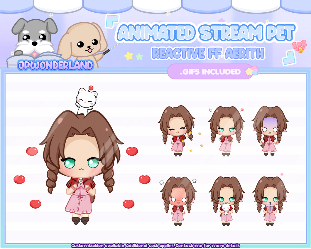 Animated Chibi Aerith Stream Pet with 12 animations, reacts to commands and alerts | Digital assets | Stream Deco | Twitch Pets animation