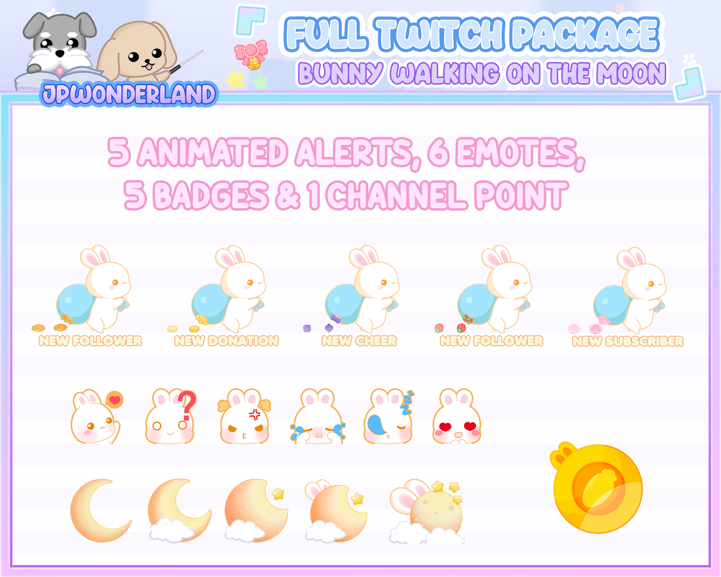 Animated Cute Bunny walking on the moon Full Stream Bundle Package for Twitch / Youtube - Overlay Pack / Kawaii Rabbit / Moon / Star