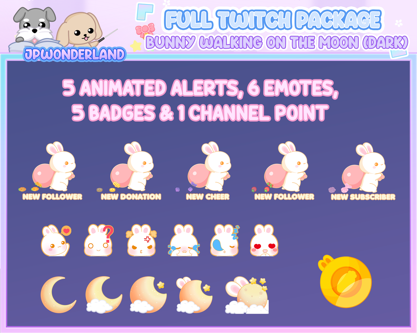 Animated Cute Bunny walking on the moon (Dark) Full Stream Bundle Package for Twitch / Youtube - Overlay Pack / Kawaii Rabbit / Moon / Star