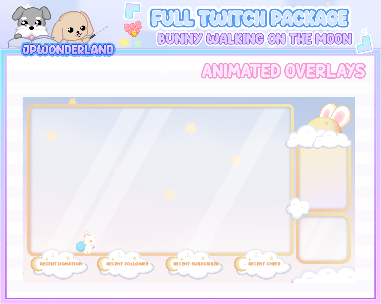 Animated Cute Bunny walking on the moon Full Stream Bundle Package for Twitch / Youtube - Overlay Pack / Kawaii Rabbit / Moon / Star