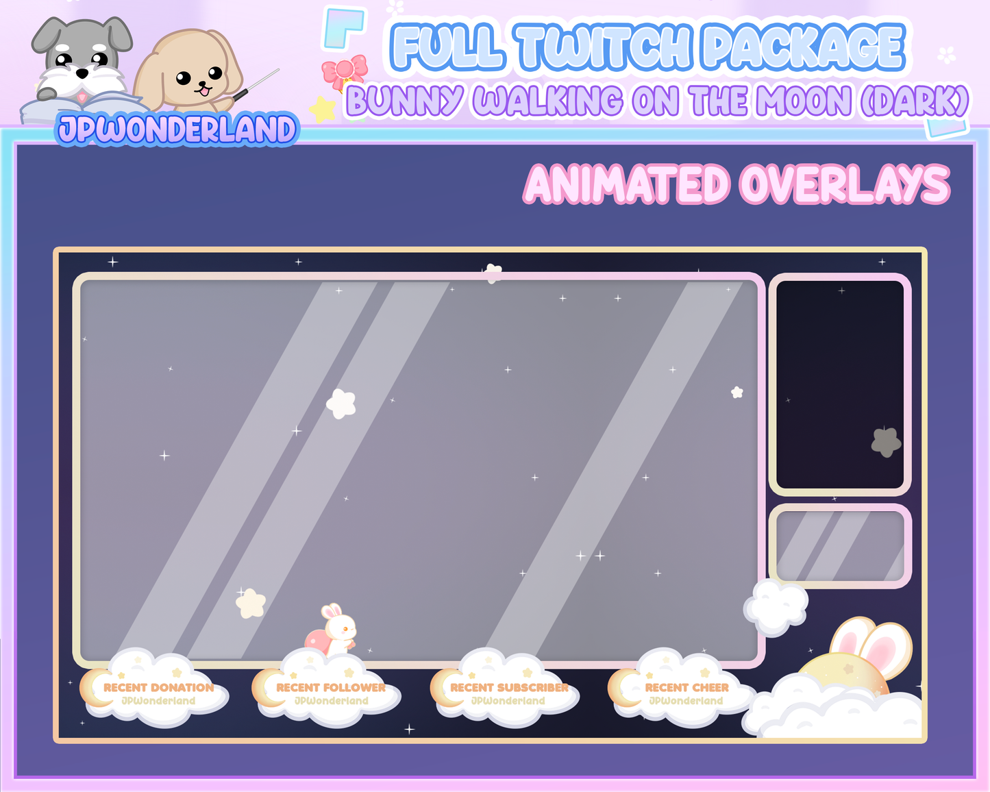 Animated Cute Bunny walking on the moon (Dark) Full Stream Bundle Package for Twitch / Youtube - Overlay Pack / Kawaii Rabbit / Moon / Star