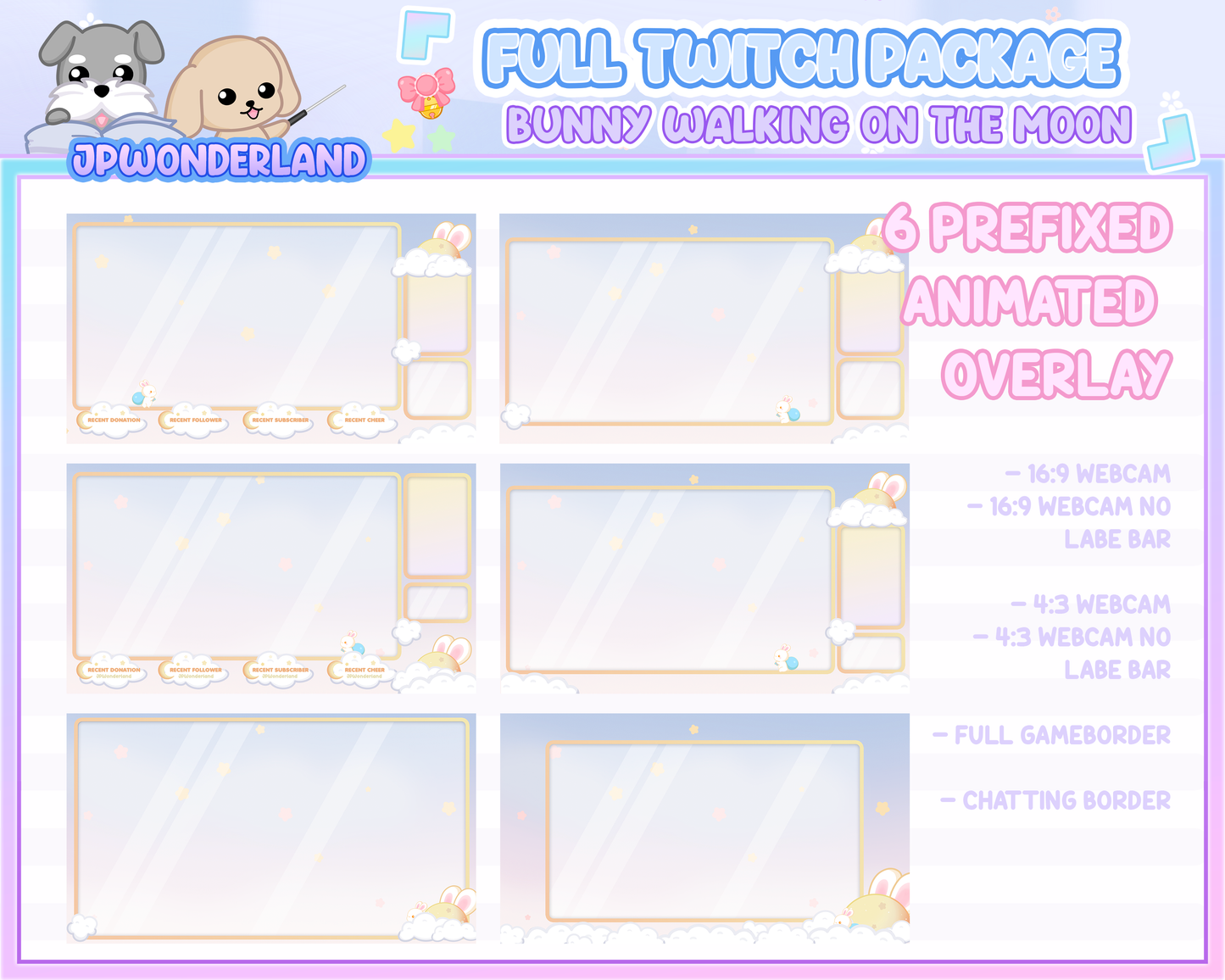 Animated Cute Bunny walking on the moon Full Stream Bundle Package for Twitch / Youtube - Overlay Pack / Kawaii Rabbit / Moon / Star