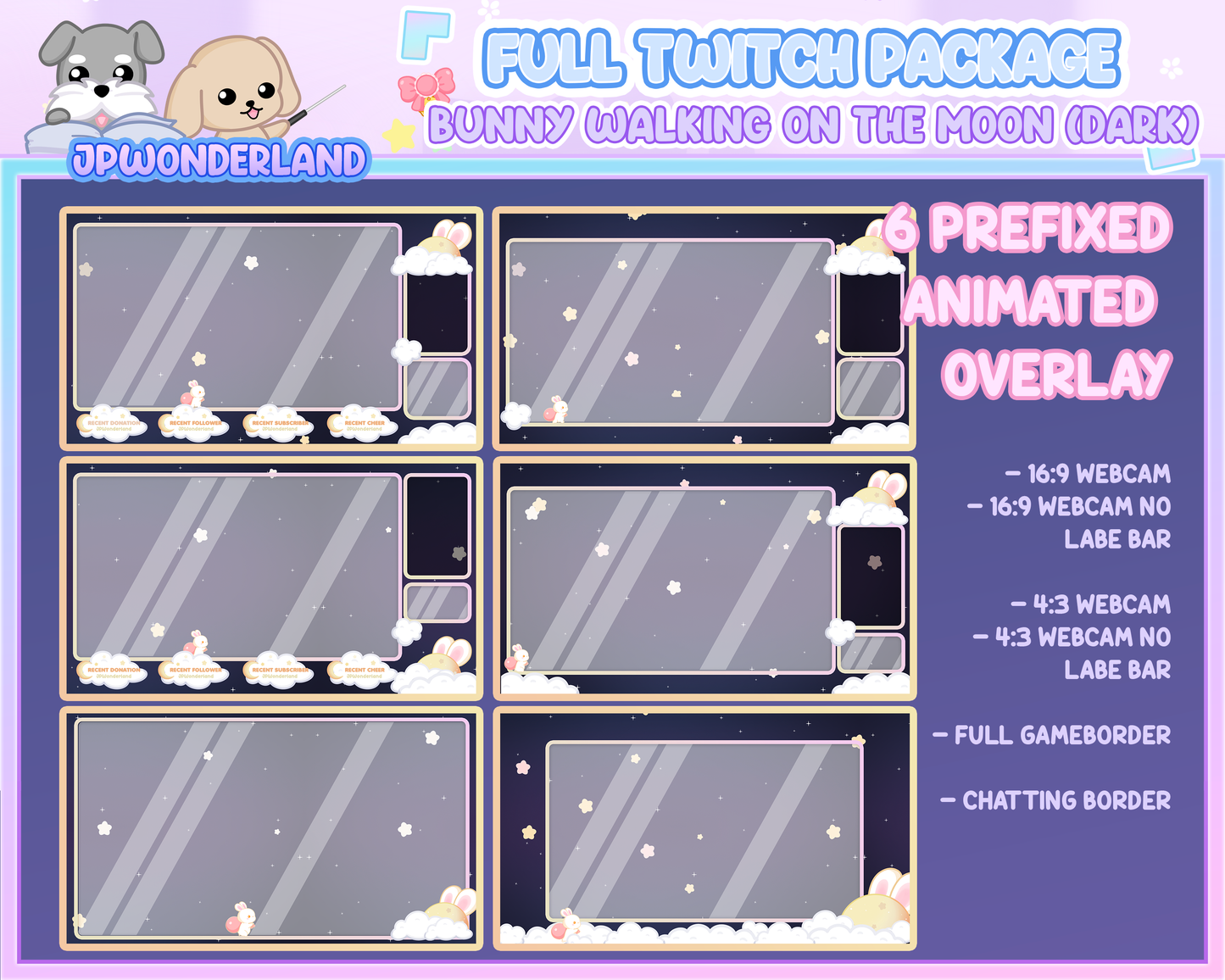 Animated Cute Bunny walking on the moon (Dark) Full Stream Bundle Package for Twitch / Youtube - Overlay Pack / Kawaii Rabbit / Moon / Star