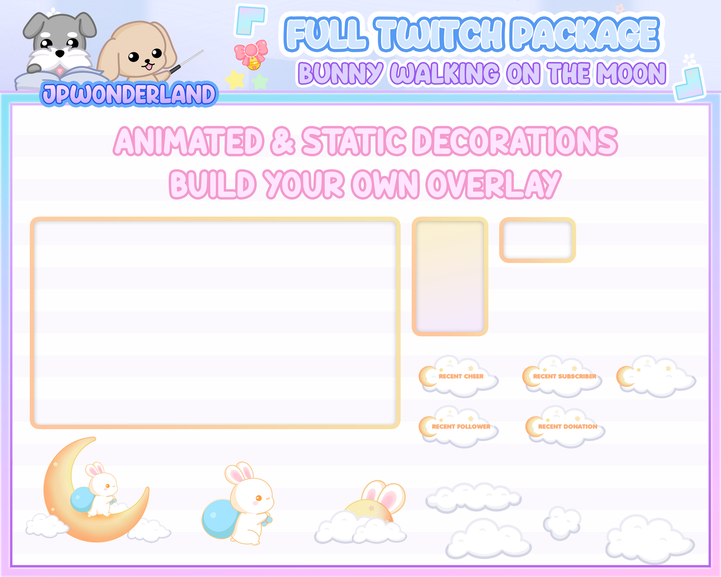 Animated Cute Bunny walking on the moon Full Stream Bundle Package for Twitch / Youtube - Overlay Pack / Kawaii Rabbit / Moon / Star