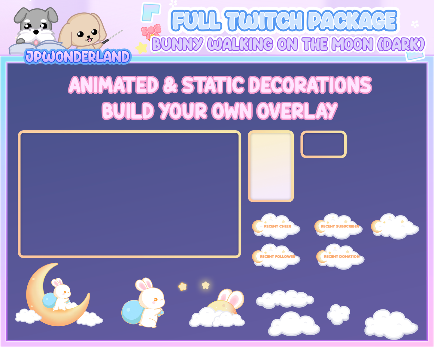 Animated Cute Bunny walking on the moon (Dark) Full Stream Bundle Package for Twitch / Youtube - Overlay Pack / Kawaii Rabbit / Moon / Star