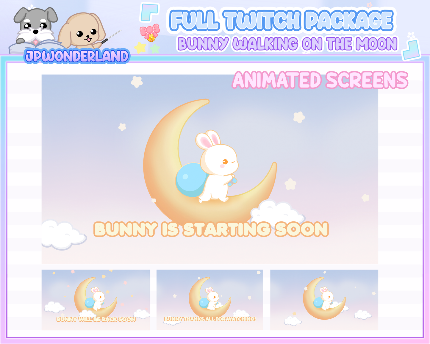 Animated Cute Bunny walking on the moon Full Stream Bundle Package for Twitch / Youtube - Overlay Pack / Kawaii Rabbit / Moon / Star