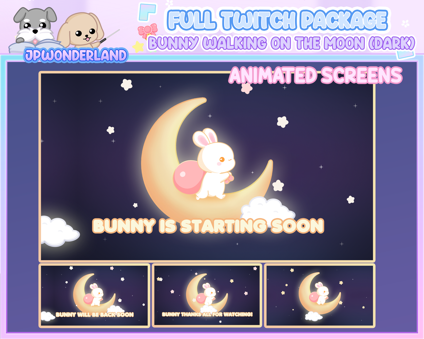 Animated Cute Bunny walking on the moon (Dark) Full Stream Bundle Package for Twitch / Youtube - Overlay Pack / Kawaii Rabbit / Moon / Star