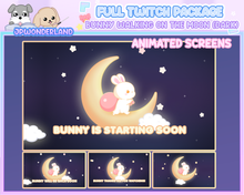 Load image into Gallery viewer, Animated Cute Bunny walking on the moon (Dark) Full Stream Bundle Package for Twitch / Youtube - Overlay Pack / Kawaii Rabbit / Moon / Star
