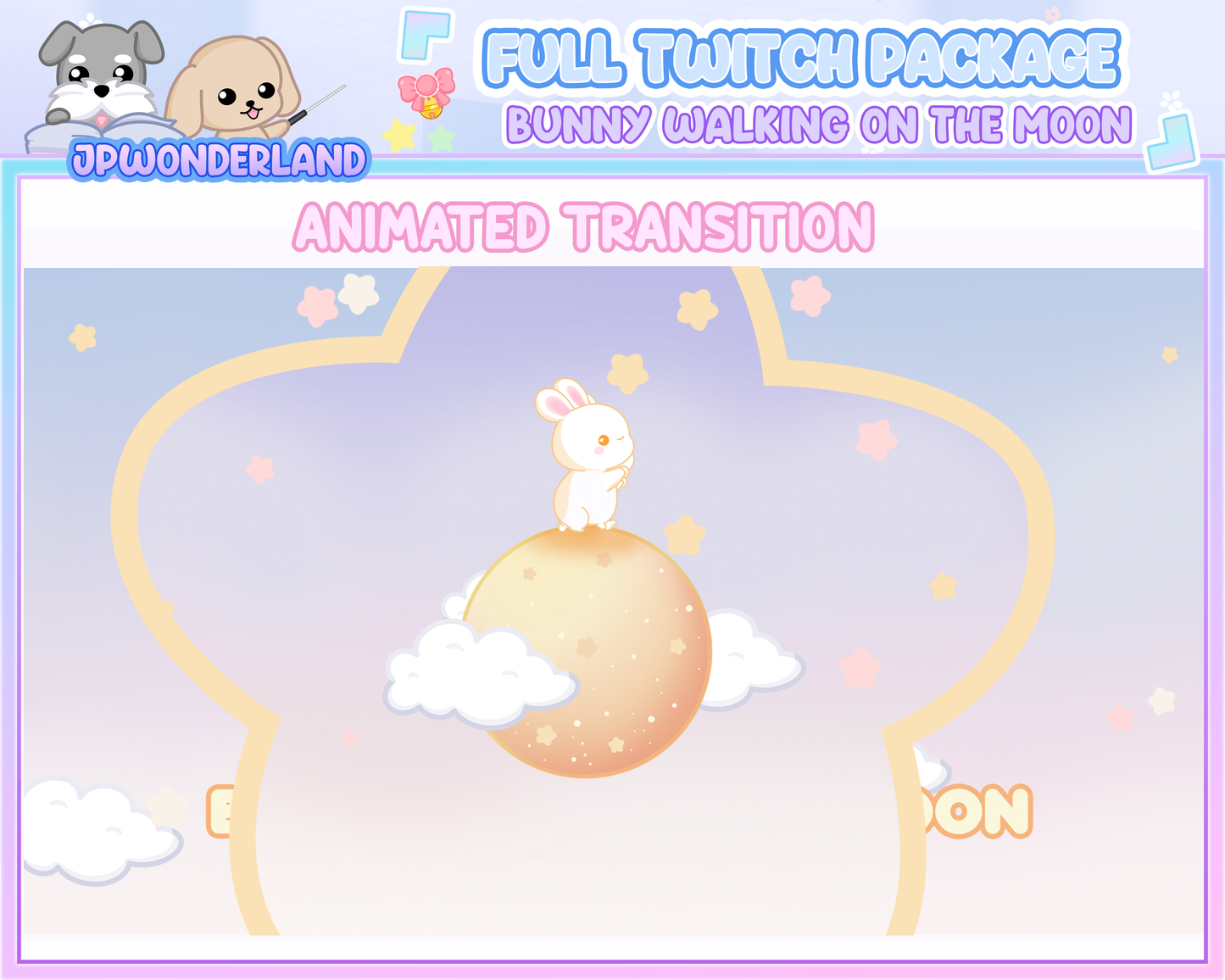 Animated Cute Bunny walking on the moon Full Stream Bundle Package for Twitch / Youtube - Overlay Pack / Kawaii Rabbit / Moon / Star