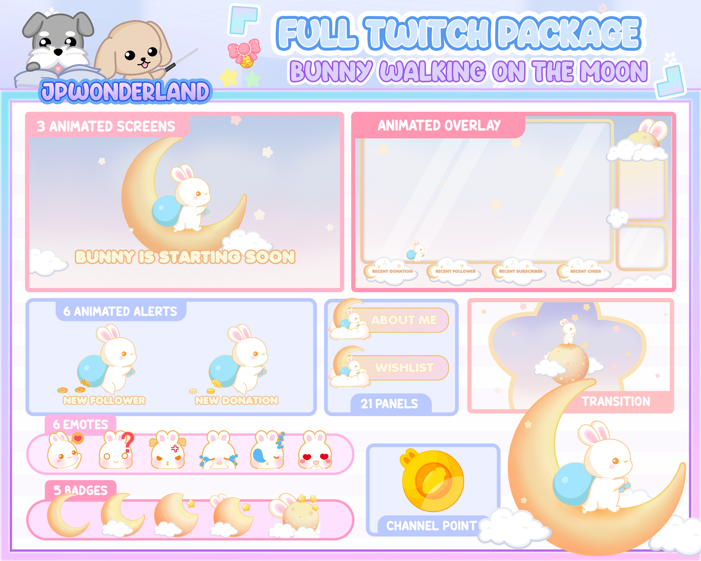 Animated Cute Bunny walking on the moon Full Stream Bundle Package for Twitch / Youtube - Overlay Pack / Kawaii Rabbit / Moon / Star