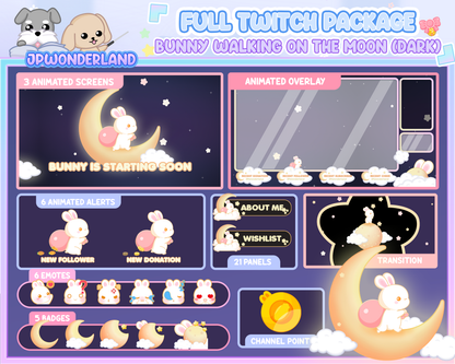 Animated Cute Bunny walking on the moon (Dark) Full Stream Bundle Package for Twitch / Youtube - Overlay Pack / Kawaii Rabbit / Moon / Star