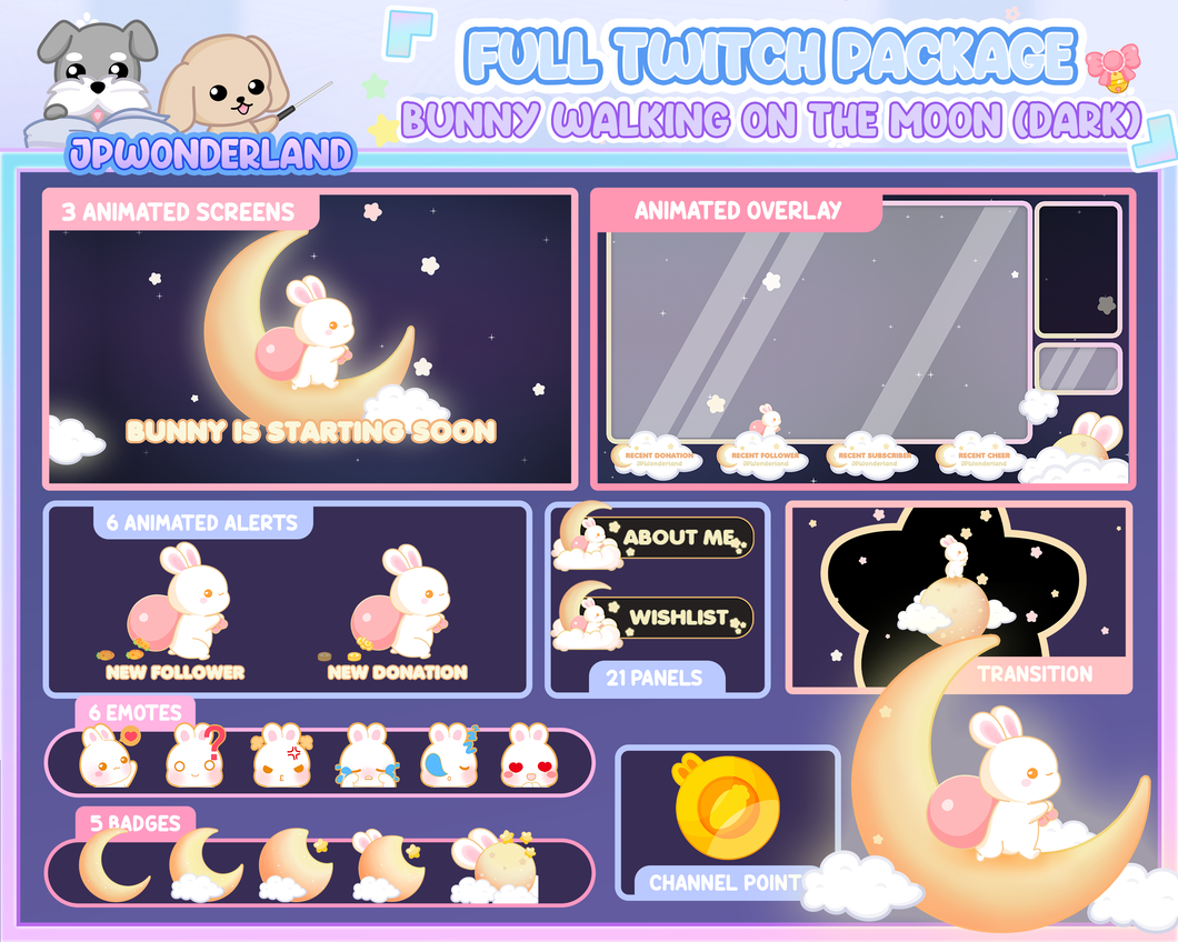 Animated Cute Bunny walking on the moon (Dark) Full Stream Bundle Package for Twitch / Youtube - Overlay Pack / Kawaii Rabbit / Moon / Star