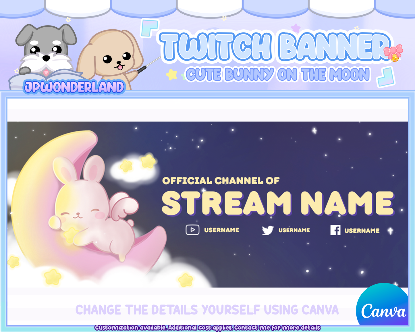 Custom Twitch Banner  - Cute Bunny on the moon Twitch Banner - Kawaii Rabbit  - Personalised twitch banner