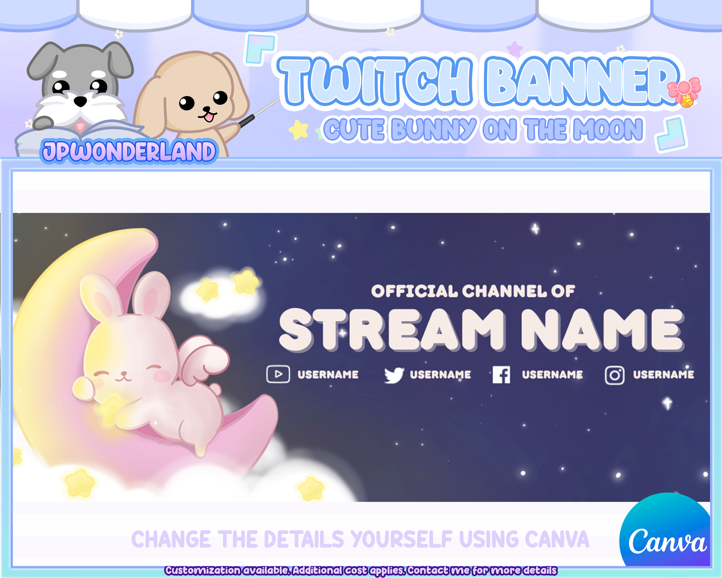 Custom Twitch Banner  - Cute Bunny on the moon Twitch Banner - Kawaii Rabbit  - Personalised twitch banner