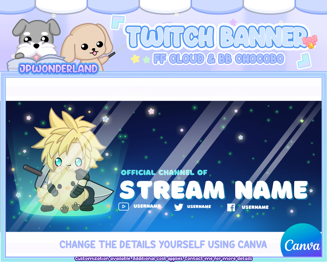 Twitch Banner - Chibi FF Cloud - Kawaii Chocobo - personalised twitch banner