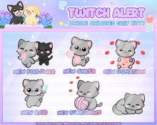 Load image into Gallery viewer, Cute Animated Unique Kitty Twitch Alerts (Grey/White/Black) - Unique Kitty Series | Animated Stream decoration
