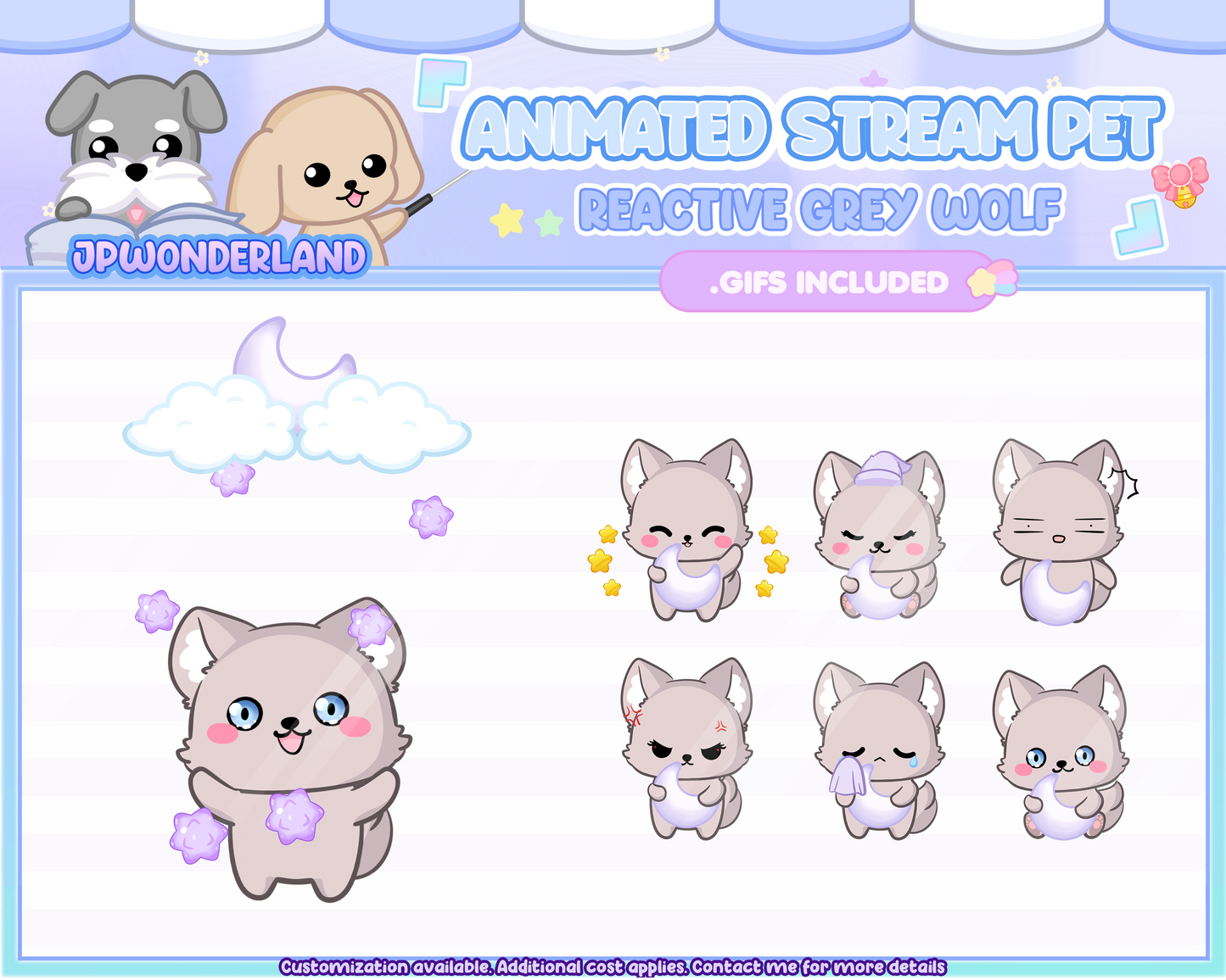 Cute Animated Grey Wolf Stream Pet with 6 expressions, reacts to commands and alerts | Digital assets | Stream Deco | Twitch Pets animation