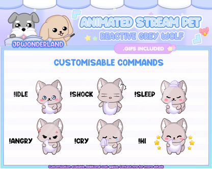 Cute Animated Grey Wolf Stream Pet with 6 expressions, reacts to commands and alerts | Digital assets | Stream Deco | Twitch Pets animation