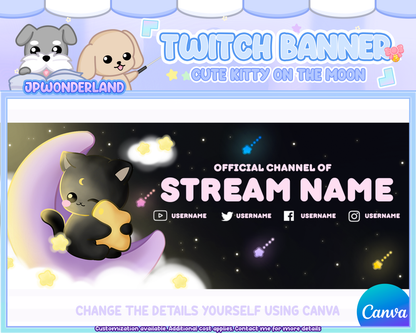 Custom Twitch Banner  - Cute Black Cat on the moon Twitch Banner - Kawaii Kitty  - Personalised twitch banner