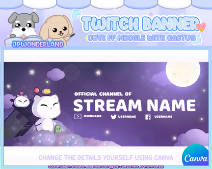 Custom Twitch Banner - Cute ff Moogle with cactus - Kawaii Moogle - personalised twitch banner