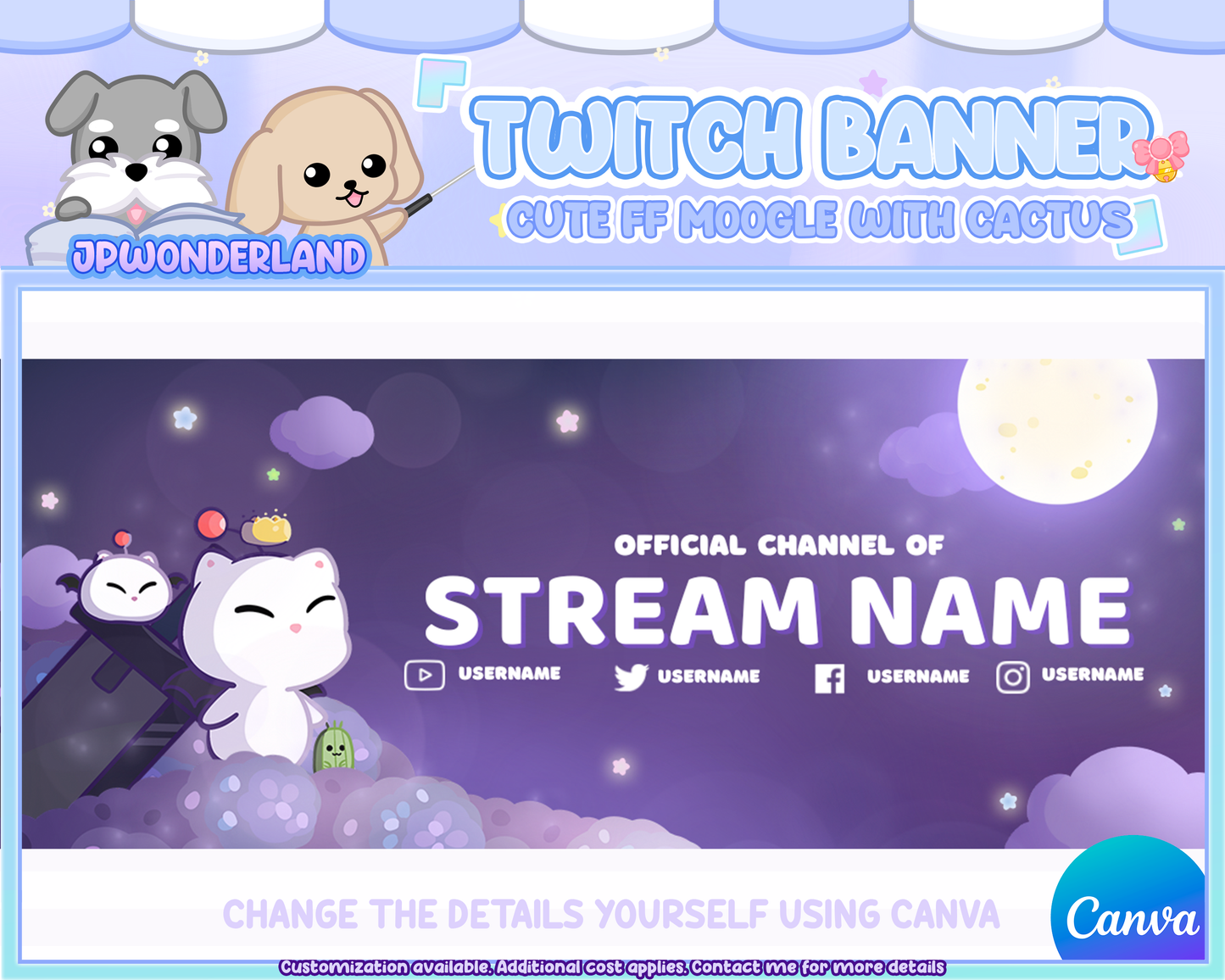 Custom Twitch Banner - Cute ff Moogle with cactus - Kawaii Moogle - personalised twitch banner