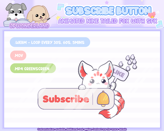 Animated Subscribe Button Overlay w SFX / Cute Nine-Tailed Fox Animation / Stream Setup / Intro Video / Youtube / Twitch / Facebook