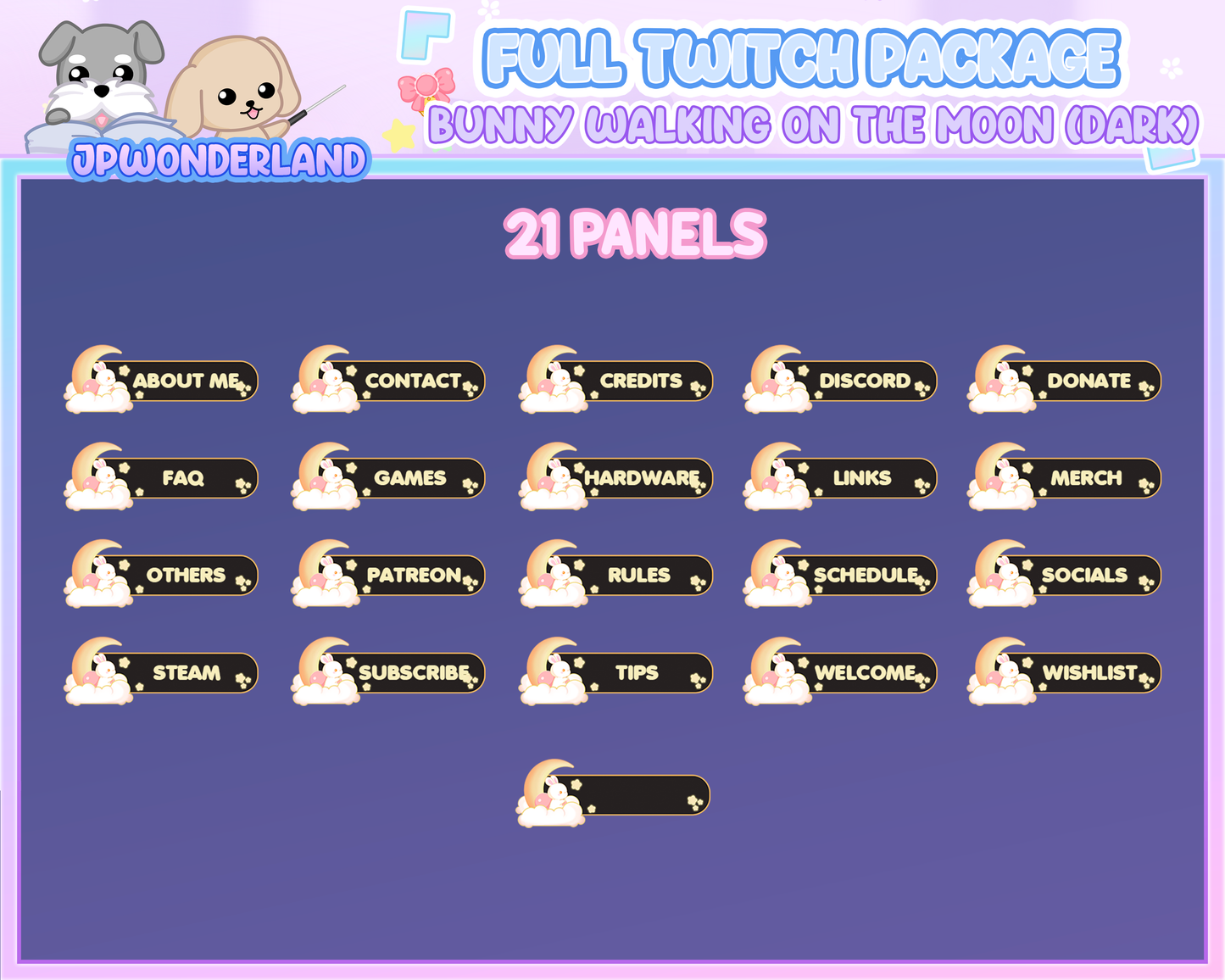 Animated Cute Bunny walking on the moon (Dark) Full Stream Bundle Package for Twitch / Youtube - Overlay Pack / Kawaii Rabbit / Moon / Star