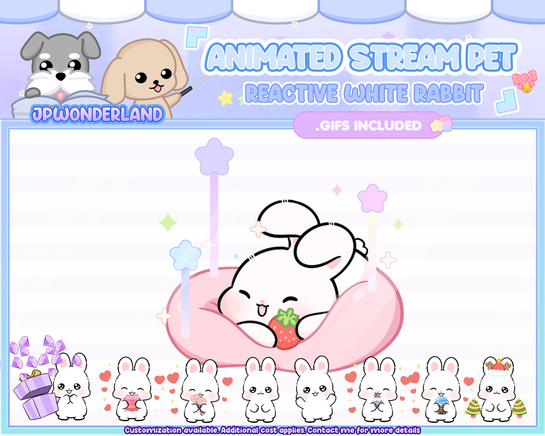 Cute Animated Rabbit White Stream Pet, reacts to commands and alerts | Digital assets | Stream Deco | Twitch Pets animation