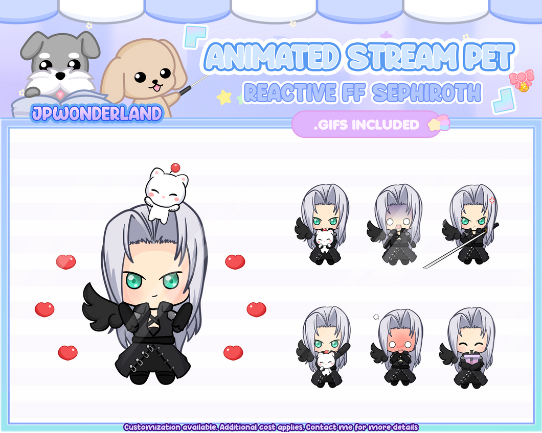 Animated Chibi Sephiroth Stream Pet with 12 animations, reacts to commands and alerts | Digital assets | Stream Deco | Twitch Pets animation