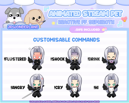 Animated Chibi Sephiroth Stream Pet with 12 animations, reacts to commands and alerts | Digital assets | Stream Deco | Twitch Pets animation