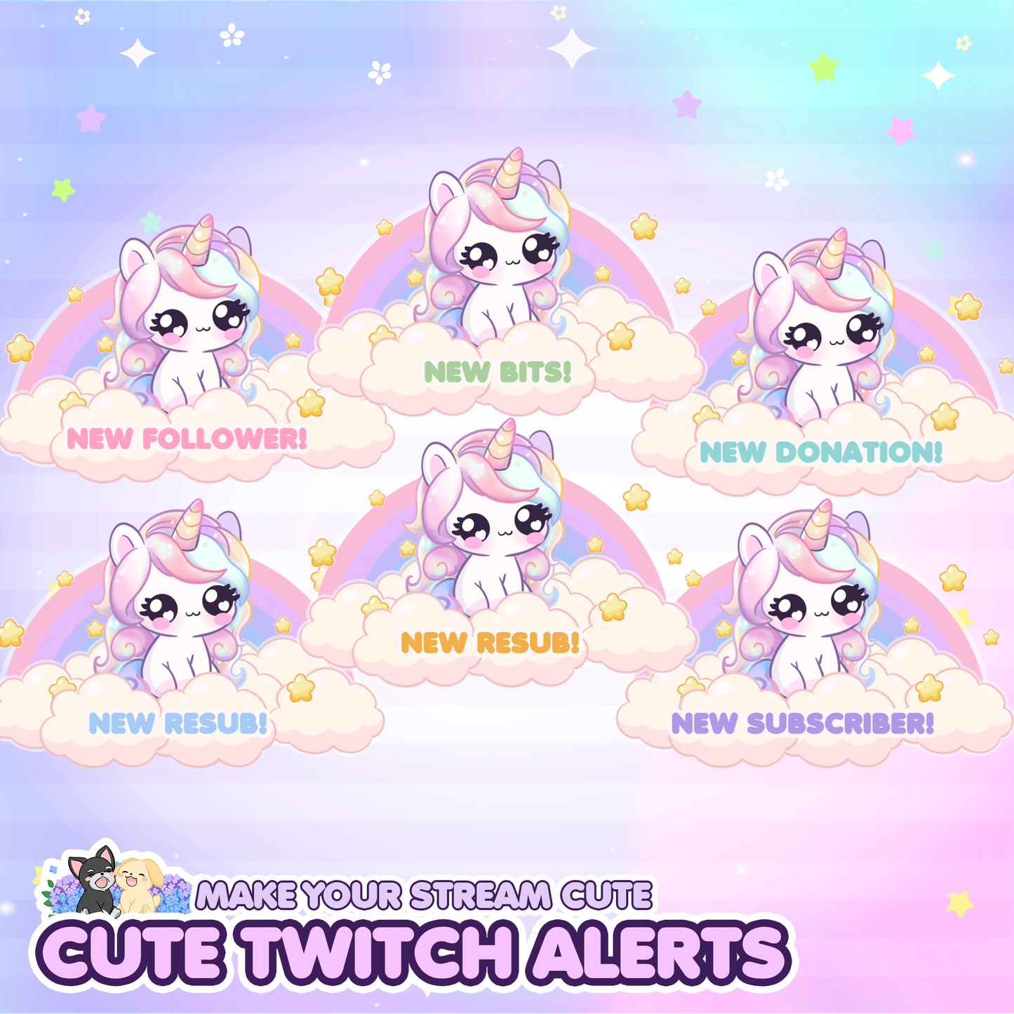 Cute Animated Twitch Alerts - Unicorn on Rainbow Cloud