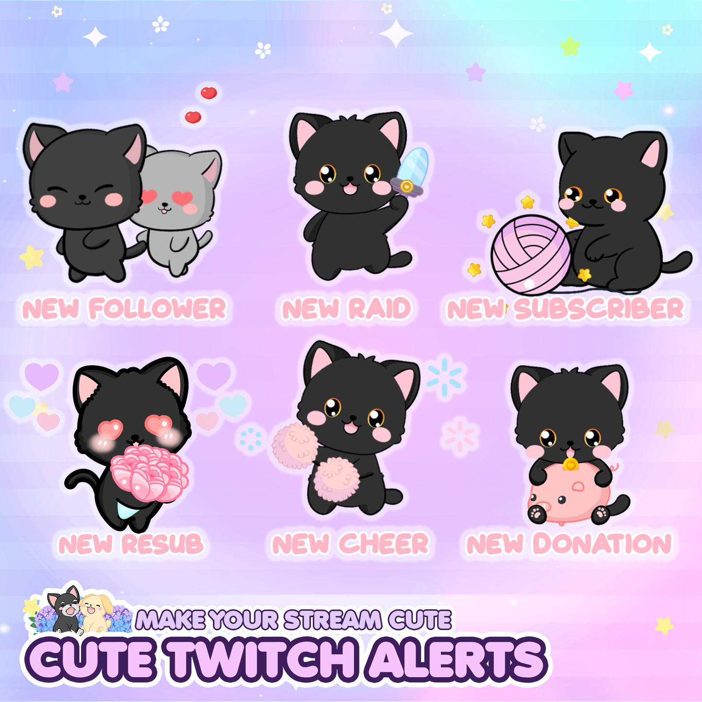 Cute Animated Kitty Twitch Alerts (Grey/White/Black/Calico)