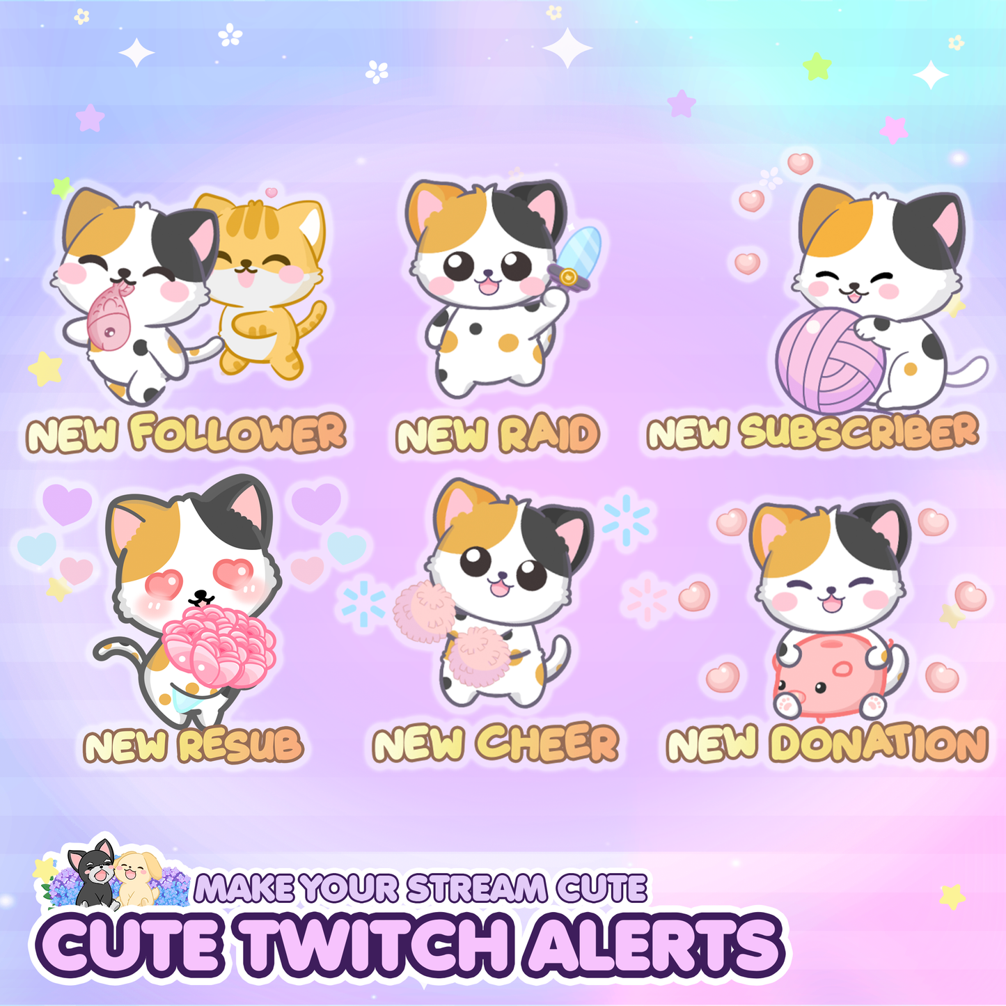 Cute Animated Kitty Twitch Alerts (Grey/White/Black/Calico)