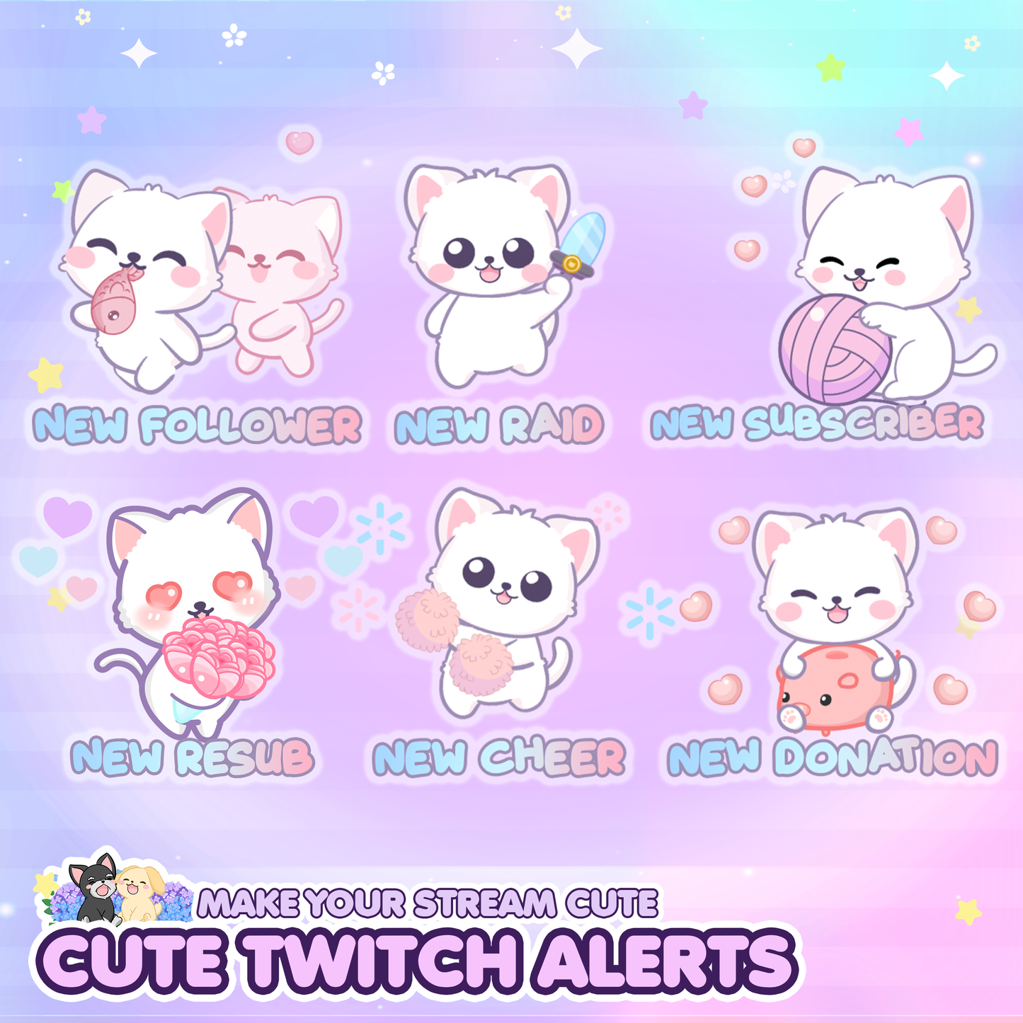 Cute Animated Kitty Twitch Alerts (Grey/White/Black/Calico)