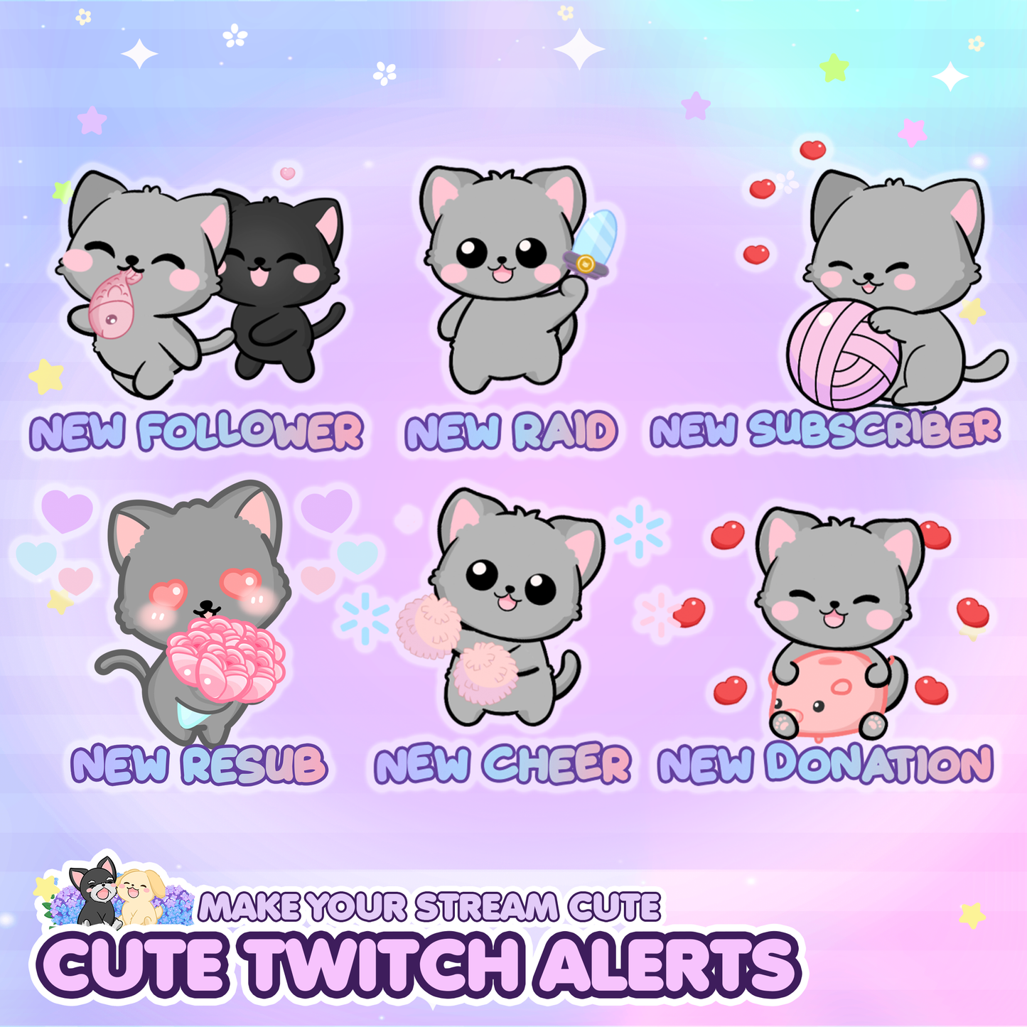 Cute Animated Kitty Twitch Alerts (Grey/White/Black/Calico)