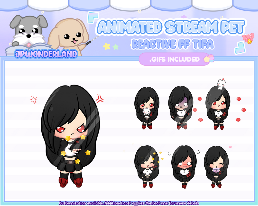Animated Chibi Tifa Stream Pet with 12 animations, reacts to commands and alerts | Digital assets | Stream Deco | Twitch Pets animation