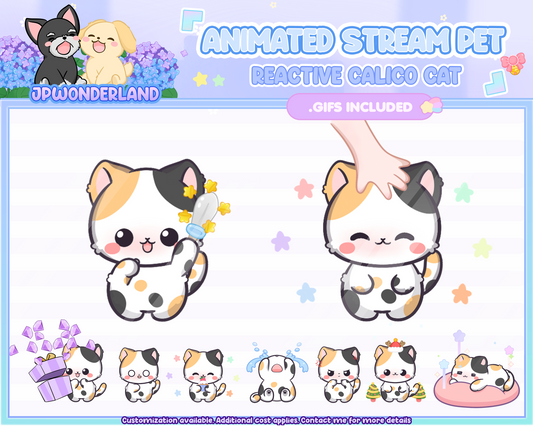 Cute Animated Calico Cat Stream Pet with 15 expressions, reacts to commands and alerts | Digital assets | Stream Deco | Twitch Pets animation