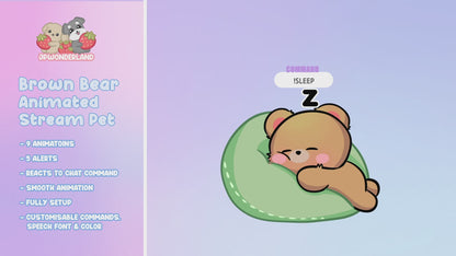 Cute Animated Brown Bear Stream Pet, reacts to commands and alerts | Digital assets | Stream Deco | Twitch Pets animation